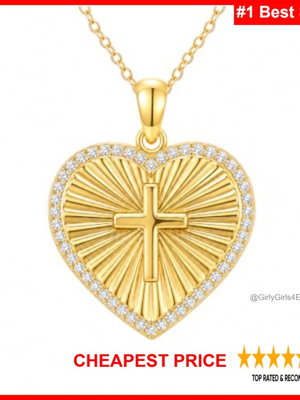 18K Gold Heart Cross Pendant Necklace for Women